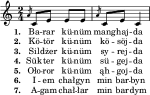 
\relative c' {
\set Staff.midiInstrument = #"whistle"
\key c \major
\time 2/4
         \slashedGrace a'8 c,8 e8 e8 e8 | \slashedGrace a8 c,8 e8 c4}
\addlyrics {
\set stanza = "1. "
         Ba -- rar kü -- nüm | mang -- haj -- da
}
\addlyrics {
\set stanza = "2. "
         Kö -- tör kü -- nüm | kö -- söj -- da
}
\addlyrics {
\set stanza = "3. "
         Sil -- dżer kü -- nüm | sy -- rej -- da
}
\addlyrics {
\set stanza = "4. "
         Sük -- ter kü -- nüm | sü -- gej -- da
}
\addlyrics {
\set stanza = "5. "
         Oło -- ror kü -- nüm | ąh -- goj -- da
}
\addlyrics {
\set stanza = "6. "
         I -- em chał -- gyn | min bar -- byn
}
\addlyrics {
\set stanza = "7. "
         A -- gam chał -- łar | min bar -- dym
}
