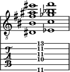  
<<
  %\override Score.BarLine.break-visibility = ##(#f #t #t)
  \time 2/1
    \new Staff  {
    \clef "treble_8"
        \once \override Staff.TimeSignature #'stencil = ##f
        <dis  bis fis' ais' eis''>1 | <ees  c' ges' bes' f''>1 |
    }

     \new TabStaff {
       \override Stem #'transparent = ##t
       \override Beam #'transparent = ##t 
      s2 <dis\6  c'\4 fis'\3 ais'\2 f''\1>1 s2
  }
>>
