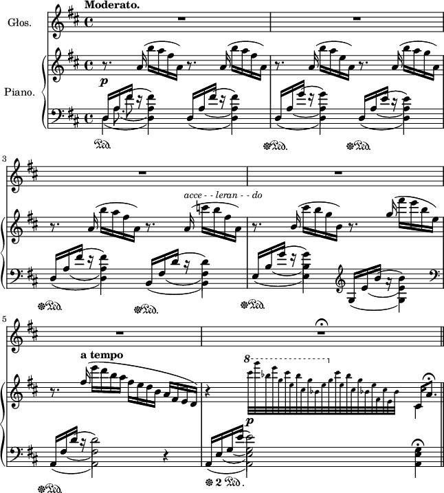 
sVarC = { \mergeDifferentlyDottedOn 
<< { \voiceOne d16\sustainOn[a'16 fis'16] e16\rest s4 } \new Voice { \voiceTwo d,4(d) } \new Voice { \voiceTwo s16 a'8.( a4) } \new Voice { \voiceTwo s8 \slurUp fis'( fis4) } >> 
<< { \voiceOne d,16[a' fis'] e16\rest s4 } \new Voice { \voiceTwo \once \hide Stem d,4(d) } \new Voice { \voiceTwo s16 \once \hide Stem a'8(s16 a4) } \new Voice { \voiceTwo s8 \slurUp \once \hide Stem fis'(fis4) } >> | 
<< { \voiceOne d,16\sustainOff\sustainOn[a' g'] f16\rest s4 } \new Voice { \voiceTwo \once \hide Stem d,4(d) } \new Voice { \voiceTwo s16 \once \hide Stem a'8(s16 a4) } \new Voice { \voiceTwo s8 \slurUp \once \hide Stem g'(g4) } >> 
<< { \voiceOne d,16\sustainOff\sustainOn[a' e'] d16\rest s4 } \new Voice { \voiceTwo \once \hide Stem d,4(d) } \new Voice { \voiceTwo s16 \once \hide Stem a'8(s16 a4) } \new Voice { \voiceTwo s8 \slurUp \once \hide Stem e'(e4) } >> |
<< { \voiceOne d,16\sustainOff\sustainOn[a' fis'] e16\rest s4 } \new Voice { \voiceTwo \once \hide Stem d,4(d) } \new Voice { \voiceTwo s16 \once \hide Stem a'8(s16 a4) } \new Voice { \voiceTwo s8 \slurUp \once \hide Stem fis'(fis4) } >> 
<< { \voiceOne b,,16\sustainOff\sustainOn[fis' d'] c16\rest s4 } \new Voice { \voiceTwo \once \hide Stem b,4(b) } \new Voice { \voiceTwo s16 \once \hide Stem fis'8(s16 fis4) } \new Voice { \voiceTwo s8 \slurUp \once \hide Stem d'(d4) } >> | 
<< { \voiceOne e,16\sustainOff\sustainOn[b' g'] f16\rest s4 } \new Voice { \voiceTwo \once \hide Stem e,4(e) } \new Voice { \voiceTwo s16 \once \hide Stem b'8(s16 b4) } \new Voice { \voiceTwo s8 \slurUp \once \hide Stem g'(g4) } >> \clef "violin" 
<< { \voiceOne g,16[e' b'] a16\rest s4 } \new Voice { \voiceTwo \once \hide Stem g,4(g) } \new Voice { \voiceTwo s16 \once \hide Stem e'8(s16 e4) } \new Voice { \voiceTwo s8 \slurUp \once \hide Stem b'(b4) } >> \clef "bass" | 
<< { \voiceOne a,,16\sustainOff\sustainOn[fis' d'] c16\rest s2 } \new Voice { \voiceTwo \once \hide Stem a,4(a2) } \new Voice { \voiceTwo s16 \once \hide Stem fis'8(s16 fis2) } \new Voice { \voiceTwo s8 \slurUp \once \hide Stem d'(d2) } >> \oneVoice r4 | 
<< { \voiceOne a,16_\markup { \musicglyph #"pedal.*" \tiny \number 2 \normalsize \musicglyph #"pedal.Ped"\musicglyph #"pedal.." } [e' g e'] s2 } \new Voice { \voiceTwo \once \hide Stem a,,4(a2) } \new Voice { \voiceTwo s16 \once \hide Stem e'8(s16 e2) } \new Voice { \voiceTwo s8 \once \hide Stem g8(g2) } \new Voice { \voiceTwo s8. \slurUp \once \hide Stem e'16(e2) } >> \oneVoice <a,, e' g>4\fermata | }

sVarA = {  }

sVarAk = {  }

lVarC = \lyricmode {  }

sVarB = { r8.\p a16( b'[a fis a,]) r8. a16( b'[a fis a,]) | r8. a16( b'[a e a,]) r8. a16( b'[a g a,]) | r8. a16( b'[a fis a,]) r8. a16(^\markup { \small \italic "acce - - leran - - do" } c'[b fis a,]) | r8. \stemUp b16( \stemDown cis'[b g b,]) r8. \stemUp g'16( \stemDown fis'[e b e,]) | r8. \stemUp fis16(^\markup { \bold "a tempo" } \stemNeutral e'[d b a] fis[e d b]  a[fis e d]) | r4 s16 \grace { \stemDown \ottava #1 \set Staff.ottavation = #"8" cis'''32\p[g'bes,e g,cis e,bes'cis,g'bes,e \ottava #0 g, cis e,bes'cis,g'bes,e fis,cis'e,bes'] } \stemNeutral s4.. << { \voiceOne cis,16[a'8.\fermata] } \new Voice { \voiceTwo cis,4 } >> \oneVoice \bar "||" }

lVarB = \lyricmode {  }

sVarAp = { R1*5 | R1\fermata \bar "||" }

lVarA = \lyricmode {  }

lVarD = \lyricmode {  }

\paper { #(set-paper-size "a4")
 oddHeaderMarkup = "" evenHeaderMarkup = "" }
\header { tagline = ##f }
\version "2.18.2"
\score {
\midi {  }
\layout { line-width = #160
\context { \PianoStaff \consists #Span_stem_engraver }}
<<
\new Staff \with { instrumentName = #"Głos." } { \clef "violin" \key d \major \time 4/4 \autoBeamOff \tempo \markup { \bold "Moderato." } \relative f' { \sVarAp \repeat volta 4 { \sVarA } \sVarAk } }
\addlyrics { \lVarA }
\addlyrics { \lVarB }
\addlyrics { \lVarC }
\addlyrics { \lVarD }
\new PianoStaff \with { instrumentName = #"Piano." } <<
  \new Staff = "up" { \clef "violin" \key d \major \time 4/4 \relative a' { \sVarB } }
  \new Staff = "down" { \clef "bass" \key d \major \time 4/4 \relative d { \sVarC } }
  >>
>> }