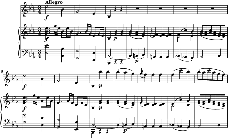 
\version "2.18.2"
\header {
  tagline = ##f
}
upper = \relative c'' {
               \key ees \major
               \time 3/4
               \tempo 4 = 130     
          <g bes ees>4.\f g'16 ees bes8 ees16 bes
          g4. bes16 g ees8 g16 ees
          bes4 <g' bes>4 \p<g bes>
          <g bes> (<f aes> <ees g>)
          \grace g16 (<ees f>4)  <ees f>  <ees f>
          <<{\stemDown d2 ees4 } \\ { \stemUp f4 ^ (c') bes}>>
          <g bes>8 (<f aes> <aes c> <f aes> <ees g> <d f>)
          <g bes ees>4.\f g'16 ees bes8 ees16 bes
          g4. bes16 g ees8 g16 ees
          bes4 <g' bes>4 \p<g bes>
          <g bes> (<f aes> <ees g>)
          \grace g16 (<ees f>4)  <ees f>  <ees f>
          <<{\stemDown d2 ees4 } \\ { \stemUp f4 ^ (c') bes}>>
          <g bes>8 (<f aes> <aes c> <f aes> <ees g> <d f>)
            } 
lower =  \relative c {
                \clef bass 
                \key ees \major
                \time 3/4   
          <ees ees'>2 <bes bes'>4
          <g g'>2 <ees ees'>4 
          <<{\stemDown bes4 c\rest c\rest} \\ { \stemUp bes'2. ~ bes4}>>
          b4\p (c)
          a a a
          bes! (aes! g)
          aes2 bes4
          <ees ees'>2 <bes bes'>4
          <g g'>2 <ees ees'>4 
          <<{\stemDown bes4 c\rest c\rest} \\ { \stemUp bes'2. ~ bes4}>>
          b4\p (c)
          a a a
          bes! (aes! g)
          aes2 bes4
             }      
 vl = \relative c'' {
              \key ees \major
              \time 3/4
    ees2\f^ \markup \bold {{"Allegro"}} bes4
    g2 ees4 bes r r \repeat unfold 4 {R1*3/4}
    ees'2\f bes4
    g2 ees4 bes bes'' \p bes
    bes (aes g) \grace g16 (f4) f f
    f (c' bes)
    bes8 (aes c aes g f)
                 }             
\score {
    \new GrandStaff <<
      \new PianoStaff <<  
        \new Staff = "upper" \upper
        \new Staff = "lower" \lower
       \set Staff.midiMinimumVolume = #0.2 \set Staff.midiMaximumVolume = #0.5
    >>
   \new Staff = "vl" \vl
    >>
    \layout {
    \context {
      \Score
      \remove "Metronome_mark_engraver"
    }
  }
  \midi { }
}
