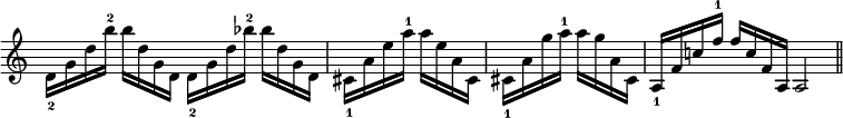 
\relative c' {
  \override Staff.TimeSignature #'stencil = ##f
  d16_2 g d' b'-2 b d, g, d
  d_2 g d' bes'-2 bes d, g, d
  \time 2/4
  cis_1 a' e' a-1 a e a, cis,
  cis_1 a' g' a-1 a g a, cis,
  \time 4/4
  a_1 f' c'! f-1 f c f, a, a2
  \bar "||"
}
