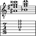  
<<
  %\override Score.BarLine.break-visibility = ##(#f #t #t)
  \time 2/1
    \new Staff  {
    \clef "treble_8"
        \once \override Staff.TimeSignature #'stencil = ##f
        <  ais eis' gisis' cisis''>1 | <  bes f' a' d''>1 |
    }

     \new TabStaff {
       \override Stem #'transparent = ##t
       \override Beam #'transparent = ##t 
      s2 <  ais\4 f'\3 a'\2 d''\1>1 s2
  }
>>
