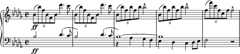 
{ \new PianoStaff <<
\new Staff \relative bes' { \set Staff.midiInstrument = #"piano" \key bes \minor \clef treble \time 2/2 \set Score.tempoHideNote = ##t \tempo 2 = 50
 \once \override TupletBracket #'stencil = ##f
 \times 4/6 {
  bes8 \ff (bes'8 ) f8 bes,8 f8 bes8
 }
 des'4. c8 | % 2
 \once \override TupletBracket #'stencil = ##f
 \times 4/6 {
  bes,8 (bes'8 ) f8 bes,8 f8 bes8
 }
 des'4. c8 | % 3
 \noBreak \once \override TupletBracket #'stencil = ##f
 \times 4/6 {
  bes,8 (bes'8 ) f8 bes8 f8 bes8 \noBreak
 }
 bes2 ^^ | % 4
 \noBreak \once \override TupletBracket #'stencil = ##f
 \times 4/6 {
  bes,8 (bes'8 ) f8 bes8 f8 bes8
 }
 bes2 ^^ | % 5
 \once \override TupletBracket #'stencil = ##f
 \times 4/6 {
  f8 (f'8 ) c8 f,8 c8 f8
 }
 f2 ^^
 }
 \new Staff { \set Staff.midiInstrument = #"piano"
 <<
  \new Voice \relative bes {
 \clef "bass" \key bes \minor \stemUp \time 2/2
 bes2 des4. ^( c8 | % 2
 bes2 ) des4. ^( c8 | % 3
 bes1 ) ~ | % 4
 bes1 | % 5
 }
 \relative as {
 \clef "bass" \key bes \minor \stemDown \time 2/2 s1*2 \ff | % 3
 r4 as4 ges4 f4 | % 4
 es4 des4 c4 des8 es8 | % 5
 f2 r2 } >> }
>> }
