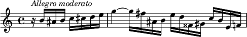 {
  \clef violin \key c \major \time 4/4 \tempo 4 = 80
  \set Score.tempoHideNote = ##t
  \partial 2 r16^\markup{\italic{Allegro moderato}} b' ais' b' c'' cis'' d'' e''
  g''4~ g''16 fis'' ais' b' e'' d'' fisis' gis' c'' b' e' f'
}