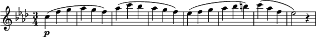 
\relative c' {
\key f \minor
\time 3/4
\tempo ""
\tempo 4 = 210
\set Staff.midiInstrument = "violin"
c'4\p ( f g
aes g f )
aes ( c bes
aes g f )
ees ( f g
aes bes b )
c ( aes f
ees2 ) r4
}
