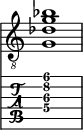  
<<
  %\override Score.BarLine.break-visibility = ##(#f #t #t)
  \time 1/1
    \new Staff  {
    \clef "treble_8"
        \once \override Staff.TimeSignature #'stencil = ##f
        <  g des' g' bes'>1
    }

     \new TabStaff {
       \override Stem #'transparent = ##t
       \override Beam #'transparent = ##t 
      <  g\4 cis'\3 g'\2 ais'\1>1
  }
>>
