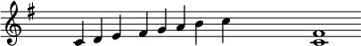 \relative c' {\tempo 1 = 60\numericTimeSignature \key g \major
\set Score.tempoHideNote = ##t 
 \override Staff.TimeSignature #'transparent = ##t
 \override Staff.BarLine #'stencil = ##f
{ s4 c d e fis g a b c s1 <c, fis>}}