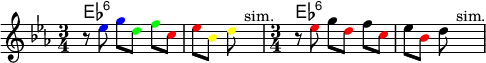 \version "2.18.2"
<< \chords {es2.:6 s es2.:6}
 \relative c'' {\key es \major \time 3/4 r8 \override NoteHead.color = #blue es8 \noBeam g8[ \override NoteHead.color = #green d]  \noBeam f \override NoteHead.color = #red c es[ \override NoteHead.color = #yellow bes] d s4.^\markup{sim.} \time 3/4 r8 \override NoteHead.color = #red es8 \noBeam \override NoteHead.color = #black g8[ \override NoteHead.color = #red d]  \noBeam \override NoteHead.color = #black f \override NoteHead.color = #red c \override NoteHead.color = #black es[ \override NoteHead.color = #red bes] \override NoteHead.color = #black d s4.^\markup{sim.} }
>>