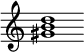 {
  % Rivin lopun pystyviiva ja tahtiosoitus piiloon.
  \override Score.BarLine.break-visibility = ##(#f #t #t)
  \override Staff.TimeSignature #'stencil = ##f
  
  <gis' b' d''>1
}
