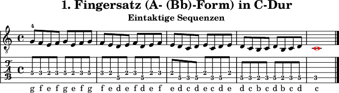 
\version "2.20.0"
\header {
  title="1. Fingersatz (A- (Bb)-Form) in C-Dur"
  subtitle="Eintaktige Sequenzen"
}
%% Diskant- bzw. Melodiesaiten
Diskant = \relative c' {
  \set TabStaff.minimumFret = #2
  \set TabStaff.restrainOpenStrings = ##t
  \key c \major
  g8-4 f e f g e f g
  f e d e f d e f
  e d c d e c d e
  d c b c d b c d
  \once \override NoteHead #'color = #red c1
  \bar "|."
 }

%% Layout- bzw. Bildausgabe
\score {
  <<
    \new Voice  { 
      \clef "treble_8" 
      \time 4/4  
      \tempo 4 = 120 
      \set Score.tempoHideNote = ##t
      \Diskant \addlyrics {
        g8 f e f g e f g
        f e d e f d e f
        e d c d e c d e
        d c b c d b c d
        c
      }
    }
    \new TabStaff { \tabFullNotation \Diskant }
  >>
  \layout {}
}

%% Midiausgabe mit Wiederholungen, ohne Akkorde
\score {
  <<
    \unfoldRepeats {
      \new Staff  <<
        \tempo 4 = 120
        \time 4/4
        \set Staff.midiInstrument = #"acoustic guitar (nylon)"
        \clef "G_8"
        \Diskant
      >>
    }
  >>
  \midi {}
}
%% unterdrückt im raw="!"-Modus das DinA4-Format.
\paper {
  indent=0\mm
  %% DinA4 = 210mm - 10mm Rand - 20mm Lochrand = 180mm
  line-width=180\mm
  oddFooterMarkup=##f
  oddHeaderMarkup=##f
  % bookTitleMarkup=##f
  scoreTitleMarkup=##f
}
