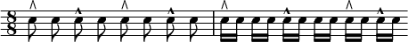 { \time 8/8 \override Score.Clef #'stencil = ##f \clef bass \autoBeamOff
 e8^\rtoe e e^^ e e^\rtoe e e^^ e |
 e16[^\rtoe e] e[ e] e[^^ e] e[ e] e[^\rtoe e] e[^^ e] }