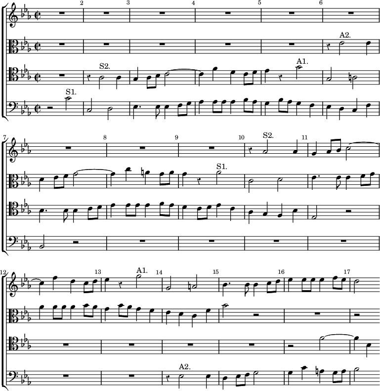 \new ChoirStaff << \override Score.BarNumber.break-visibility = ##(#f #t #t) \set Score.barNumberVisibility = #all-bar-numbers-visible \override Score.Rest #'style = #'classical
  \new Staff \relative a' { \key ees \major \time 2/2
    R1*9 r4 aes2^"S2." aes4 g4 aes8 bes c2 ~ c4 f d c8 d |
    ees4 r g2^"A1." | g,2 a | bes4. bes8 bes4 c8 d |
    ees4 ees8 ees ees4 f8 ees | d2 }
  \new Staff \relative e' { \clef alto \key ees \major
    R1*5 r4 ees2^"A2." ees4 | d ees8 f g2 ~ | g4 c a g8 a |
    g4 r aes2^"S1." | c,2 d | ees4. ees8 ees4 f8 g |
    aes4 aes8 aes aes4 bes8 aes | g4 bes8 aes g4 f |
    ees d c f | bes2 r | R1 r2 }
  \new Staff \relative a { \clef tenor \key ees \major
    R1 r4 aes2^"S2." aes4 | g aes8 bes c2 ~ | c4 f d c8 d |
    ees4 r g2^"A1." | g, a | bes4. bes8 bes4 c8 d |
    ees4 ees8 ees ees4 f8 ees | d4 c8 d ees4 c | aes g f bes ees,2 r |
    R1*4 r2 f' ~ f4 bes, }
  \new Staff \relative c' { \clef bass \key ees \major
    r2 c^"S1." c, d | ees4. ees8 ees4 f8 g |
    aes4 aes8 aes aes4 bes8 aes | g4 bes8 aes g4 f | ees d c f |
    bes,2 r | R1*6 | r4 ees2^"A2." ees4 | d ees8 f g2 |
    g4 c a g8 a | bes2 } >>