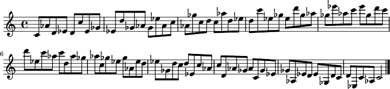 
{

\modalTranspose c c' { c d ees ges aes } { c8 aes d ees } 
\modalTranspose c d' { c d ees ges aes } { c aes d ees } 
\modalTranspose c ees' { c d ees ges aes } { c aes d ees } 
\modalTranspose c ges' { c d ees ges aes } { c aes d ees } 
\modalTranspose c aes' { c d ees ges aes } { c aes d ees } 
\modalTranspose c c'' { c d ees ges aes } { c aes d ees } 
\modalTranspose c d'' { c d ees ges aes } { c aes d ees } 
\modalTranspose c ees'' { c d ees ges aes } { c aes d ees } 
\modalTranspose c ges'' { c d ees ges aes } { c aes d ees } 

\modalInversion c ees''' { c d ees ges aes } { c aes d ees } 
\modalInversion c d''' { c d ees ges aes } { c aes d ees } 
\modalInversion c c''' { c d ees ges aes } { c aes d ees } 
\modalInversion c aes'' { c d ees ges aes } { c aes d ees } 
\modalInversion c ges'' { c d ees ges aes } { c aes d ees } 
\modalInversion c ees'' { c d ees ges aes } { c aes d ees } 
\modalInversion c d'' { c d ees ges aes } { c aes d ees } 
\modalInversion c c'' { c d ees ges aes } { c aes d ees } 
\modalInversion c aes' { c d ees ges aes } { c aes d ees } 
\modalInversion c ges' { c d ees ges aes } { c aes d ees } 
\modalInversion c ees' { c d ees ges aes } { c aes d ees } 
\modalInversion c d' { c d ees ges aes } { c aes d ees } 

c'2

\bar "|."
}
