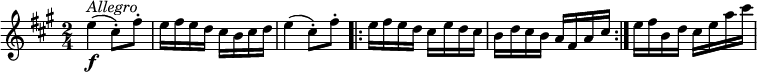 {
\set Score.tempoHideNote = ##t
\key a \major \time 2/4 \tempo 4 = 100
e''4( \f\p^\markup{\italic{Allegro}} cis''8)\staccato fis''\staccato
e''16 fis'' e'' d'' cis'' b' cis'' d''
e''4( cis''8)\staccato fis''\staccato
\repeat volta 2 {
  e''16 fis'' e'' d'' cis'' e'' d'' cis''
  b'16 d'' cis'' b' a' fis' a' cis''
}
e''16 fis'' b' d'' cis'' e'' a'' cis'''
}
