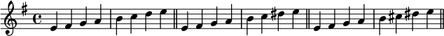 { \clef treble \key e \minor \time 4/4 e' fis' g' a' b' c'' d'' e'' \bar "||" e' fis' g' a' b' c'' dis'' e'' \bar "||"  e' fis' g' a' b' cis'' dis'' e'' \bar "||"}