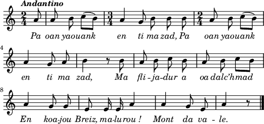 
\version "2.16.2"
\header {
  tagline = ##f
}
\score {
  <<
    \new Voice = "kan" {
      \autoBeamOff
      \relative c'' {
        \clef treble
        \key a \minor
        \time 2/4
        %        \set melismaBusyProperties = #'()
        \partial 8*1
        \override Rest #'style = #'classical
        \tempo \markup { \italic { Andantino } }
        a8 | a b c [(b)] | \time 3/4 a4 g8 b b b | \time 2/4 a8 b c [(b)] | \break
        a4 g8 a | b4 r8 b | a b c b | a b c [b] | \break
        a4 g8 g | e8 e16 e a4 | a g8 e | a4 r8 | \bar "|."
      }
    }
    \new Lyrics \lyricsto "kan" 
    {
     \override LyricText #'font-shape = #'italic
      Pa oan yaou -- ank en ti ma zad,
      Pa oan yaou -- ank en ti ma zad,
      Ma fli -- ja -- dur a oa dalc’h -- mad
      En koa -- jou Breiz, ma -- lu -- rou_!
      Mont da va -- le.
    }
  >>
  \layout { 
    indent = #00
    line-width = #130
    %  ragged-last = ##t
  }
  \midi {
    \context {
      \Score
      tempoWholesPerMinute = #(ly:make-moment 100 4)
    }
  }
}
