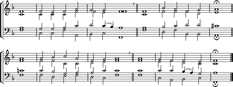 
\new ChoirStaff <<
  \new Staff { \clef treble \time 4/2 \key f \major \partial 1 \set Staff.midiInstrument = "church organ" \omit Staff.TimeSignature \set Score.tempoHideNote = ##t \override Score.BarNumber  #'transparent = ##t
  \relative c'
  << { f1 | 2 e f a | g g f1 \breathe \bar"||" 
       \time 2/2 f | \time 4/2 bes2 a f g | a1 \fermata \bar"||" \break
       a | a2 bes c a | f g a1 \breathe \bar"||"
       \time 2/2 a | \time4/2 g2 f f e | f1 \fermata | \bar"|." } \\
  { c1 | 2 2 2 f | f e f1 | c | f2 f f d | e1
    f | f2 f c c | d e f1 | f | e2 f d c | c1 } >>
  } 
\new Staff { \clef bass \key f \major \set Staff.midiInstrument = "church organ" \omit Staff.TimeSignature
  \relative c'
  << { a1 | g2 g a c | d c4( bes) a1 | a | bes2 c d d | cis1
       c | c2 bes g a | a c c1 | c | c2 c bes4( a) g2 | a1 } \\
  { f1 | c2 c f a, | bes c f,1 | f' | d2 f bes, bes | a1 \fermata
    f' | f2 d e f | d c f1 | f | c2 a bes c | f,1 \fermata } >>
  } 
>>
\layout { indent = #0 }
\midi { \tempo 2 = 66 }
