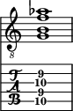  
<<
  %\override Score.BarLine.break-visibility = ##(#f #t #t)
  \time 1/1
    \new Staff  {
    \clef "treble_8"
        \once \override Staff.TimeSignature #'stencil = ##f
        < g b f' aes' >1
    }

     \new TabStaff {
       \override Stem #'transparent = ##t
       \override Beam #'transparent = ##t 
      < g\5 b\4 f'\3 gis'\2 >1
  }
>>
