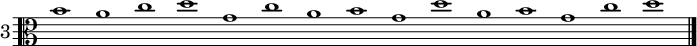 \new Staff \with {
    instrumentName = \markup \huge {"3"}
  } \relative c' {
    \clef alto
    \override Staff.TimeSignature #'stencil = ##f
    \time 15/1
    b'1 a c d g, c a b g d' a b g c d
    \bar "|."
  }