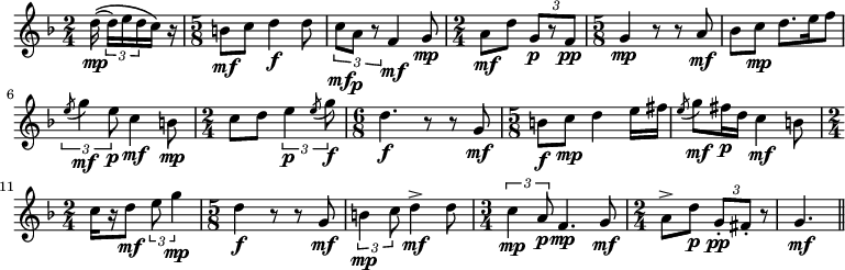 
\relative g'' {
    \key f \major
    \time 2/4
    \partial 16*5 d16 \(  ( \mp \tuplet 3/2 { d16[) e16 d16 } c16\)] r16
    \time 5/8
    b8 \mf c d4 \f d8 \noBeam
    \tuplet 3/2 { c8 \mf a \p r8 } f4 \mf g8 \mp
    \time 2/4
    a8[ \mf d] \tuplet 3/2 { g,8[ \p r8 f8] \pp }
    \time 5/8
    g4 \mp r8 r8 a8 \mf
    bes8[ c] \mp d8.[ e16 f8]
    \tuplet 3/2 { \acciaccatura e8 g4 \mf e8 \p } c4 \mf b8 \mp
    \time 2/4
    c8[ d] \tuplet 3/2 { e4 \p \acciaccatura e8 g8 \f }
    \time 6/8
    d4. \f r8 r8 g, \mf
    \time 5/8
    b8[ \f c] \mp d4 e16[ fis]
    \acciaccatura e8 g8[ \mf fis16 \p d16] c4 \mf b8
    \time 2/4
    c16[ r16 d8] \mf \tuplet 3/2 { e8 g4 \mp }
    \time 5/8
    d4 \f r8 r8 g,8 \mf
    \tuplet 3/2 { b4 \mp c8 } d4-> \mf d8
    \time 3/4
    \tuplet 3/2 { c4 \mp a8 \p } f4. \mp g8 \mf
    \time 2/4
    a8[-> d] \p \tuplet 3/2 { g,8\staccato[ \pp fis\staccato ] } r8
    g4. \mf \bar "||"

}
