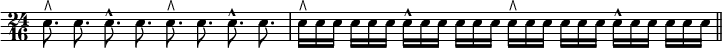 { \time 24/16 \override Score.Clef #'stencil = ##f \clef bass
\autoBeamOff
 e8.^\rtoe e e^^ e e^\rtoe e e^^ e |
 e16[^\rtoe e e] e[ e e] e[^^ e e] e[ e e]
 e[^\rtoe e e] e[ e e] e[^^ e e] e[ e e] \bar "||" }