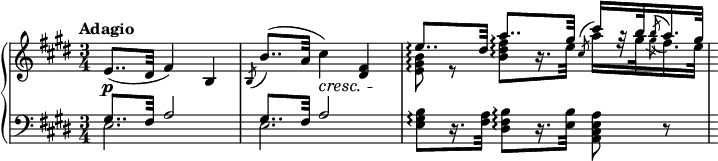 
 \relative c' {
  \new PianoStaff <<
   \new Staff { \key e \major \time 3/4 \set Score.tempoHideNote = ##t \tempo "Adagio" 4=52 \set PianoStaff.connectArpeggios=##t
    e8.. (dis32 fis4) b, \slashedGrace b8 (b'8..) (a32 cis4) <fis, dis> <<
    {e'8.. \arpeggio dis32 a'8.. \arpeggio [s256 gis32] \slashedGrace cis,8 (cis'16) [s32 b \slashedGrace b8 (a16.) gis32]}
    \\
    {<b, gis e>8 \arpeggio r <fis' dis b> \arpeggio [s256 r16. e32] a16 [r32 gis \slashedGrace gis8 (fis16.) e32]}
    >>
   }
   \new Dynamics {
    s1\p s4.\cresc s1\!
   }
   \new Staff { \key e \major \time 3/4 \clef bass <<
    {gis,,8.. fis32 a2 gis8.. fis32 a2}
    \\
    {e2. e2.}
    >>
    s256 <b' gis e>8 \arpeggio [r16. <a fis>32] <b fis dis>8 \arpeggio [r16. <b e,>32] <a e cis a>8 r
   }
  >>
 }
