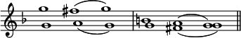 { \override Score.TimeSignature #'stencil = ##f \time 3/1 \key f \major <<
\new Voice \relative g'' { g1 fis^( g) | b, a^( g) \bar "||" }
\new Voice \relative g' { g1 a_( g) | g fis_( g) } >> }