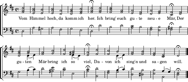 
\header { tagline = ##f }
\layout { indent = 0 \set Score.tempoHideNote = ##t \context { \Score \remove "Bar_number_engraver" } }
global = { \key d \major \time 4/4 \partial 2 }
tn = \tempo 2 = 100
tf = \tempo 2 = 45
tenor = \new Voice = "tenvoice" \relative c' { \tn \global
  <fis a d>2 | <e a cis> <e b'> | <e a cis> <d a'> | <d g b> <e g cis> | \tf <fis a d>\fermata \tn
  <fis a d> | <fis b d> <fis a> | <e a> <d fis> | <d a'> <e g> | \tf <cis fis>\fermata \tn
  <d fis> | <d g b> << { \voiceOne <g b> } \new Voice { \voiceTwo d4 (e) } >> \oneVoice |
  <fis a>2 <g cis> | <fis d'> << { \voiceOne <gis b> } \new Voice { \voiceTwo e4 (d) } >> \oneVoice | \tf <e a>2\fermata \tn
  <fis d'> | <fis cis'> << { \voiceOne b } \new Voice { \voiceTwo d,4 (e) } >> \oneVoice |
  <fis a>2 <fis b> | <e g> <cis e> | \tf d\fermata \bar "|."
}

bass = \relative c {
  \global
  d2 | a' gis | a fis | g e | d\fermata
  d' | b d | <a cis> b | <fis a> <e b'> | <fis ais>\fermata
  b | g b4 (cis) | d2 <ais e'> | <b d> e, | <a cis>\fermata
  <d b,> | <fis, a> << { \voiceOne b4 (cis) } \new Voice { \voiceTwo g2 } >> \oneVoice | <d d'> <dis b'> |
  <e b'> << { \voiceOne a4 (g) } \new Voice { \voiceTwo a,2 } >> \oneVoice | <d fis>2\fermata \bar "|."
}

verse = \lyricmode {
  Vom Him -- mel hoch, da komm ich her.
  Ich bring' euch gu -- te neu -- e Mär,
  Der gu -- ten Mär bring ich so viel,
  Da -- von ich sing'n und sa -- gen will.
}

\score {
  \new ChoirStaff <<
    \new Staff \with { midiInstrument = "church organ" }
      { \clef treble \new Voice \tenor }
      \new Lyrics \lyricsto "tenvoice" \verse
    \new Staff \with { midiInstrument = "church organ" }
      { \clef bass \new Voice = "bass" \bass }
  >>
  \layout { }
  \midi { }
}
