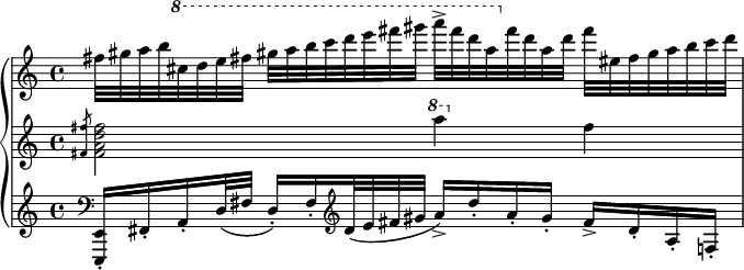 
\new GrandStaff <<
	\new Staff \relative c' {
		\set Score.tempoHideNote = ##t
		\tempo 4 = 108
		fis'32 gis a b \ottava #1
		cis d e fis
		gis a b c d e fis gis
		a-> fis d a \ottava #0
		fis d a d
		fis eis, fis gis a b cis d
	}
	\new Staff \relative c' {
		\slashedGrace <fis fis'>8 <fis a d fis>2 \ottava #1
		a''4 \ottava #0
		fis,
	}
	\new Staff \relative {
		\clef bass
		<e,, e'>16-. fis'-. a-. d32\( fis
		d16-.\) fis-.
		\clef treble
		d'32\( e fis gis
		a16->\) d-. a-. gis-.
		fis-> d-. a-. f-.
	}
>>