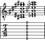  
<<
  %\override Score.BarLine.break-visibility = ##(#f #t #t)
  \time 2/1
    \new Staff  {
    \clef "treble_8"
        \once \override Staff.TimeSignature #'stencil = ##f
        <cis eis ais dis' gis' bis'>1 | <des f bes ees' aes' c''>1 |
    }

     \new TabStaff {
       \override Stem #'transparent = ##t
       \override Beam #'transparent = ##t 
      s2 <cis\6 f\5 ais\4 dis'\3 gis'\2 c''\1>1 s2
  }
>>
