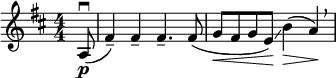  \relative c' { \set Score.tempoHideNote = ##t \tempo 4 = 76 \set Staff.midiInstrument = #"cello" \clef treble \key d \major \numericTimeSignature \time 4/4 \partial 8*1 a8\p(\downbow fis'4--) fis-- fis4.-- fis8(| g\< fis g e)\!\glissando b'4(\> a)\!\breathe } 