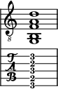  
<<
  %\override Score.BarLine.break-visibility = ##(#f #t #t)
  \time 1/1
    \new Staff  {
    \clef "treble_8"
        \once \override Staff.TimeSignature #'stencil = ##f
        <g, b, f a d' >1
    }

     \new TabStaff {
       \override Stem #'transparent = ##t
       \override Beam #'transparent = ##t 
      <g,\6 b,\5 f\4 a\3 d'\2 >1
  }
>>
