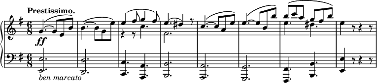 
 \relative c' {
  \new PianoStaff <<
   \new Staff { \key e \minor \time 6/8 \tempo "Prestissimo."
    <<
     {
      g'4.~(\ff g8 e b') \stemDown b4.~( b8 g e') \stemUp e4( fis8 g4 fis8) e4.( dis4) r8
      c4.~( c8 a e') e4.~( e8 b b') b( c a g fis b) \stemDown e,4 b8\rest b4\rest b8\rest
     }
    \\
     { s2. s2. r4 r8 c4. fis,2. s2. s2. e'4. dis s4 }
    >>
   }
   \new Staff { \key e \minor \time 6/8 \clef bass
    <e,, e,>2._\markup { \italic { ben marcato } } <d d,> <c c,>4. <a a,> <b b,>2. <a a,> <g g,> <fis fis,>4. <b b,> <e e,>4 r8 r4 r8
   }
  >>
 }
