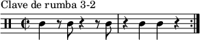 
\version "2.14.2"
\header {
 poet = "Clave de rumba 3-2"
 tagline = ""
}
son = {
 \drummode{
 \time 2/2
 \autoBeamOff
 \repeat volta 4 {
 cl4 r8 cl8 r4 r8 cl8 |
 r4 cl cl r | }
 }
}
\score {
 \new DrumStaff {
 {\son}
 }
 \layout {
 indent = 0
 }
}
\score {
 \new DrumStaff {
 \unfoldRepeats
 {\son}
 }
 \midi {
 \context {
 \Score
 tempoWholesPerMinute = #(ly:make-moment 80 2)
 }
 }
}

