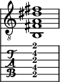  
<<
  %\override Score.BarLine.break-visibility = ##(#f #t #t)
  \time 1/1
    \new Staff  {
    \clef "treble_8"
        \once \override Staff.TimeSignature #'stencil = ##f
        < b, fis a dis' fis'>1
    }

     \new TabStaff {
       \override Stem #'transparent = ##t
       \override Beam #'transparent = ##t 
      < b,\5 fis\4 a\3 dis'\2 fis'\1>1
  }
>>
