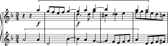 
\version "2.14.2"
\header {
  tagline = ##f
}
upper = \relative c''' {
  \clef treble 
  \key f \major
  \time 3/4
  \tempo 4 = 80
  %\autoBeamOff
  %\set Score.currentBarNumber = #36

    r4 r4  
    << { \[ a4\f g8 f e f g4~ g a bes~ bes d,2 a'4 a2 \] } \\ { s4 s2. d,4.\f d8 g4 cis, d e f8 g f e d c! } >>

}

lower = \relative c'' {
  \clef treble 
  \key f \major
  \time 3/4

   \[ a2 a4 d,2 bes'4~ bes a g~ g f8 e f g a4 \] d,8 e f fis
}

\score {
  \new PianoStaff <<
    % \set PianoStaff.instrumentName = #""
    \new Staff = "upper" \upper
    \new Staff = "lower" \lower
  >>
  \layout {
    \context {
      \Score
      \remove "Metronome_mark_engraver"
    }
  }
  \midi { }
}
