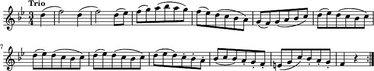 
\version "2.18.2"
\relative c'' {
  \key bes \major
  \time 3/4
  \tempo "Trio "
  \tempo 4 = 144
  \partial 4 d4
  (f2) d4
  (f2) d8 (es)
  f (g) a (bes a g)
  f (es) d (c bes a)
  g (f) g (a bes c)
  d (es) d (c bes c)
  d (es) d (c bes c)
  d (es) d (c bes c)
  d (es d) c-. bes-. a-.
  bes (c bes) a-. g-. f-.
  e (g c) bes-. a-. g-.
  f4 r \bar ":|."
}
