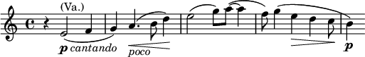  \relative a' { \key a \minor \time 4/4 r4 e2^\markup { (Va.)}_\markup { \dynamic p \italic { cantando } }( f4 | g) a4._\markup{ \italic { poco } }\<( b8 d4)\! | e2( g8) a8~( a4 | f8) g4( e\> d c8\!  | b4)\p }