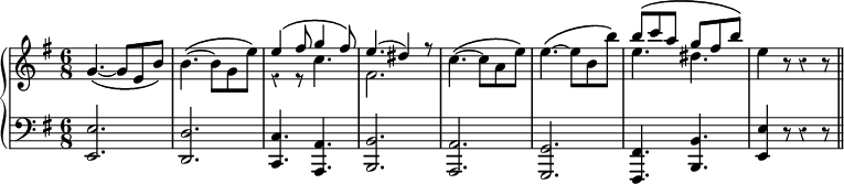 { \new PianoStaff << \time 6/8 \override Score.Rest #'style = #'classical \new Staff { \key g \major \relative g' { g4.\( ~ g8 e b'\) | b4.\( ~ b8 g e'\) << { e4\( fis8 g4 fis8\) | e4.( dis4) r8 } \\ { r4 r8 c4. | fis,2. } >> | c'4.\( ~ c8 a e'\) | e4.\( ~ e8 b b'\) | << { b\( c a g fis b\) } \\ { e,4. dis } >> e4 r8 r4 r8 \bar "||" } }
\new Staff { \clef bass \key g \major \relative e { <e e,>2. <d d,> <c c,>4. <a a,> | <b b,>2. <a a,> <g g,> | <fis fis,>4. <b b,> | <e e,>4 r8 r4 r8 } } >> }