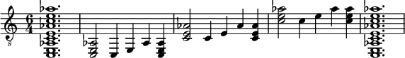  {
\clef "treble_8"
\time 6/4
< c, e, aes, c e aes c' e' aes' >1.
||
< c, e, aes, >2
<c,>4
<e,>4
<aes, >4
< c, e, aes, >4
||
< c e aes >2
<c >4
<e >4
<aes  >4
< c e aes >4
||
<c' e' aes' >2
<c' >4
<e' >4
<aes' >4
< c' e' aes' >4
||
<c, e, aes, c e aes c' e' aes'>1.
}
