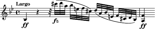 
\relative c' {
  \tempo "Largo"
  \key bes \major
  bes4\ff r r32 cis''\fz [(d a] bes [e, f cis]) d ([a bes e,] f [cis d bes]) | <a f'>4\ff
}
