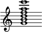 {
  % Rivin lopun pystyviiva ja tahtiosoitus piiloon.
  \override Score.BarLine.break-visibility = ##(#f #t #t)
  \override Staff.TimeSignature #'stencil = ##f
  
  <g' b' d'' f'' a'' e'''>1
}
