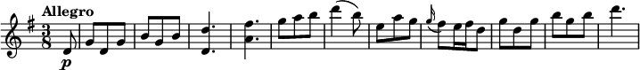 
  \relative c'' {
    \version "2.18.2"
    \key g \major
    \tempo "Allegro"
    \time 3/8
    \tempo 4 = 160
   \partial 2 d,8 \p  
   g d g b g b
   <d, d'>4.
   <a' fis'>4.
   g'8 a b
   d4 (b8)
   e,8 a g
  \grace g16 (fis8) e16 fis d8
  g d g b g b
  d4.
  }
