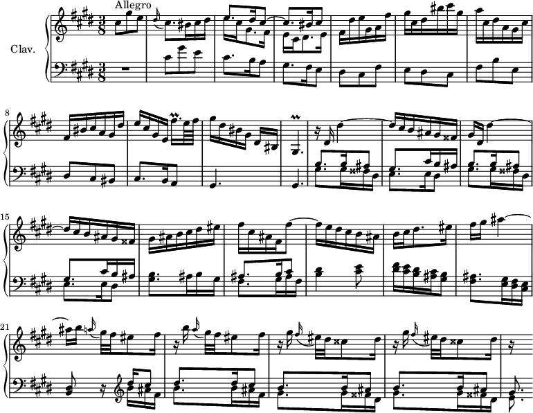 
\version "2.18.2"
\header {
  tagline = ##f
  % composer = "Domenico Scarlatti"
  % opus = "K. 247"
  % meter = "Allegro"
}

%% les petites notes
trillGisp       = { \tag #'print { gis4.\prall } \tag #'midi { a64 gis a gis~ gis16~ gis4 } }
trillFisqqpUp   = { \tag #'print { fis'16.\prall[ } \tag #'midi { gis64 fis gis fis~ fis32 } }


upper = \relative c'' {
  \clef treble 
  \key cis \minor
  \time 3/8
  \tempo 4. = 50
  \set Staff.midiInstrument = #"harpsichord"
  \override TupletBracket.bracket-visibility = ##f

      s8*0^\markup{Allegro}
      cis8 gis' e | \appoggiatura dis16 cis8. bis16 cis dis | << { \mergeDifferentlyDottedOn e8. dis16 cis8~ | cis8. bis16 cis8 } \\ { e16 cis gis8. fis16 | e16 cis dis8. e16 } >> | fis16 dis' e gis, a fis' |
      % ms. 6
      gis16 cis, dis bis' cis gis| a cis, dis a gis cis | fis, bis cis a gis dis' | e cis gis e \trillFisqqpUp e64 fis] | gis16 dis bis gis dis[ bis] |
      % ms. 11
      \trillGisp | r16 dis'16 dis'4~ | dis16 cis b ais gis fisis | gis dis dis'4~ | dis16 cis b ais gis fisis |
      % ms. 16
      gis16 ais b cis dis eis  | fis cis ais fis fis'8~ | fis16 e dis cis b ais | b cis dis8. eis16 | fis16 gis ais4~ 
      % ms. 21
      ais16 \repeat unfold 2 { b16 \appoggiatura a16 gis32[ fis eis8 fis16] r16 } | \repeat unfold 2 { gis16 \appoggiatura fis16 eis32[ dis cisis8 dis16] r16 } s8

}

lower = \relative c' {
  \clef bass
  \key cis \minor
  \time 3/8
  \set Staff.midiInstrument = #"harpsichord"
  \override TupletBracket.bracket-visibility = ##f

    % ************************************** \appoggiatura a16  \repeat unfold 2 {  } \times 2/3 { }   \omit TupletNumber 
      R4. | cis8 gis' e | cis8. b16 a8 | gis8. fis16 e8 | dis8 cis fis |
      % ms. 6
      e8 dis cis | fis b e, | dis cis bis | cis8. b16 a8 | gis4. |
      % ms. 11
      gis4. | \repeat unfold 2 { << { b'8. b16 ais8 | gis8. cis16 b ais } \\ { gis8. gis16 fisis dis | e8. e16 dis8 } >> }
      % ms. 16
      < gis b >8. ais16 b gis | << { ais8. b16 cis8 } \\ { fis,8. gis16 ais fis } >> | < b dis >4 < cis e >8 | < dis fis >16 < cis e > < b dis > < ais cis > < gis b >8 | < fis ais >8. < e gis >16 < dis fis > < cis e > |
      % ms. 21
      < b dis >8 r16  \clef treble  << { dis''16 cis8 | dis8. dis16 cis8 | \repeat unfold 2 { b8. b16 ais8 } gis8. } \\ { b16 ais fis | b8. b16 ais fis | \repeat unfold 2 { gis8. gis16 fisis dis  } | e8. } >>

}

thePianoStaff = \new PianoStaff <<
    \set PianoStaff.instrumentName = #"Clav."
    \new Staff = "upper" \upper
    \new Staff = "lower" \lower
  >>

\score {
  \keepWithTag #'print \thePianoStaff
  \layout {
      #(layout-set-staff-size 17)
    \context {
      \Score
     \override SpacingSpanner.common-shortest-duration = #(ly:make-moment 1/2)
      \remove "Metronome_mark_engraver"
    }
  }
}

\score {
  \keepWithTag #'midi \thePianoStaff
  \midi { }
}
