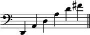{ \override Score.TimeSignature #'stencil = ##f \time 6/4 { \clef bass d, a, d a d' fis' \bar "||" } }