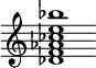 {
  % Rivin lopun pystyviiva ja tahtiosoitus piiloon.
  \override Score.BarLine.break-visibility = ##(#f #t #t)
  \override Staff.TimeSignature #'stencil = ##f
  
  <des' f' aes' ces'' e'' bes''>1
}
