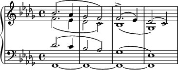 
\relative c'' {
  \new PianoStaff <<
    \new Staff <<
      \new Voice = "first" {
        \set Staff.midiInstrument = #"piano" \set Score.tempoHideNote = ##t \tempo 4 = 40 \stemUp \clef treble \key bes \minor \time 4/4
        bes2. ^(as4 |
        ges2 f2) |
        f2. ^> ^(es4) |
        des2 ^(c2) |
      }
      \new Voice = "second" {
        \stemDown
        f2. _(es4 |
        des2 c2) |
        bes1 _(|
        ges1) |
      }
    >>
    \new Staff <<
      \new Voice = "third" {
        \stemUp \clef bass \key bes \minor \time 4/4
        des'2. ^(c4 |
        bes2 as2) |
        ges1 ^(|
        es1) |
      }
      \new Voice = "fourth" \relative c,, {
        \stemDown \clef bass \key bes \minor \time 4/4
        f'1~
        f1~
        f1~
        f1
      }
    >>
  >>
}
