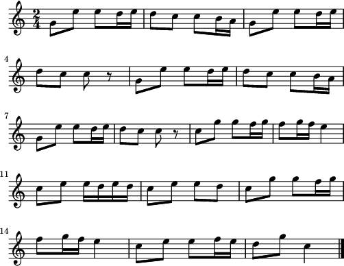 
\version "2.18.2"
\relative c'{
  \time 2/4 
  g'8 e' e d16 e | d8 c c b16 a | g8 e' e d16 e | \break
  d8 c c r | g e' e d16 e | d8 c c b16 a | \break
  g8 e' e d16 e | d8 c c r | c g' g f16 g | f8 g16 f e4 | \break
  c8 e e16 d e d | c8 e e d | c g' g f16 g | \break
  f8 g16 f e4 | c8 e e f16 e | d8 g c,4 \bar "|."
}
\layout {
  indent = #00
  line-width = #123
}
\midi {
  \context {
    \Score
    tempoWholesPerMinute = #(ly:make-moment 125 4)
  }
}
\header { tagline = ##f }
