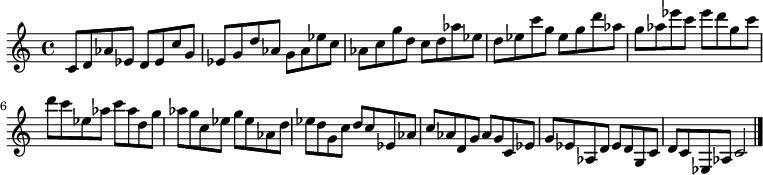 
{

\modalTranspose c c' { c d ees g aes } { c8 d aes ees } 
\modalTranspose c d' { c d ees g aes } { c d aes ees } 
\modalTranspose c ees' { c d ees g aes } { c d aes ees } 
\modalTranspose c g' { c d ees g aes } { c d aes ees } 
\modalTranspose c aes' { c d ees g aes } { c d aes ees } 
\modalTranspose c c'' { c d ees g aes } { c d aes ees } 
\modalTranspose c d'' { c d ees g aes } { c d aes ees } 
\modalTranspose c ees'' { c d ees g aes } { c d aes ees } 
\modalTranspose c g'' { c d ees g aes } { c d aes ees } 

\modalInversion c ees''' { c d ees g aes } { c d aes ees } 
\modalInversion c d''' { c d ees g aes } { c d aes ees } 
\modalInversion c c''' { c d ees g aes } { c d aes ees } 
\modalInversion c aes'' { c d ees g aes } { c d aes ees } 
\modalInversion c g'' { c d ees g aes } { c d aes ees } 
\modalInversion c ees'' { c d ees g aes } { c d aes ees } 
\modalInversion c d'' { c d ees g aes } { c d aes ees } 
\modalInversion c c'' { c d ees g aes } { c d aes ees } 
\modalInversion c aes' { c d ees g aes } { c d aes ees } 
\modalInversion c g' { c d ees g aes } { c d aes ees } 
\modalInversion c ees' { c d ees g aes } { c d aes ees } 
\modalInversion c d' { c d ees g aes } { c d aes ees } 

c'2

\bar "|."
}
