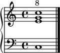 \new GrandStaff <<
     \new Staff \relative c' {
       <e g c>1^"8"
       \bar "|."
     }
     \new Staff \relative c {
       \clef bass
       c
     }
   >>